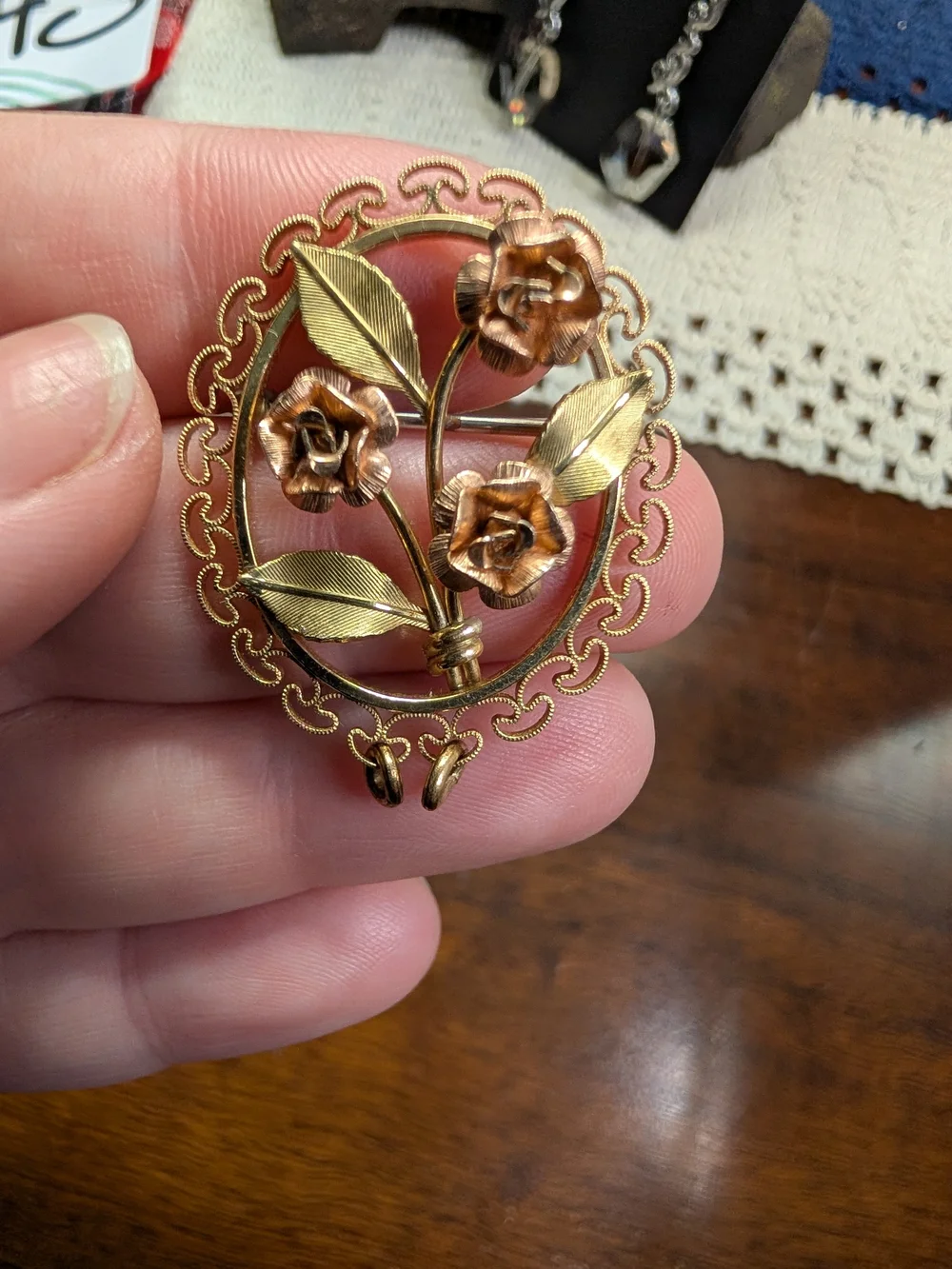 Vintage Krementz Gold and Rose Plated Floral Brooch Pin Stamped